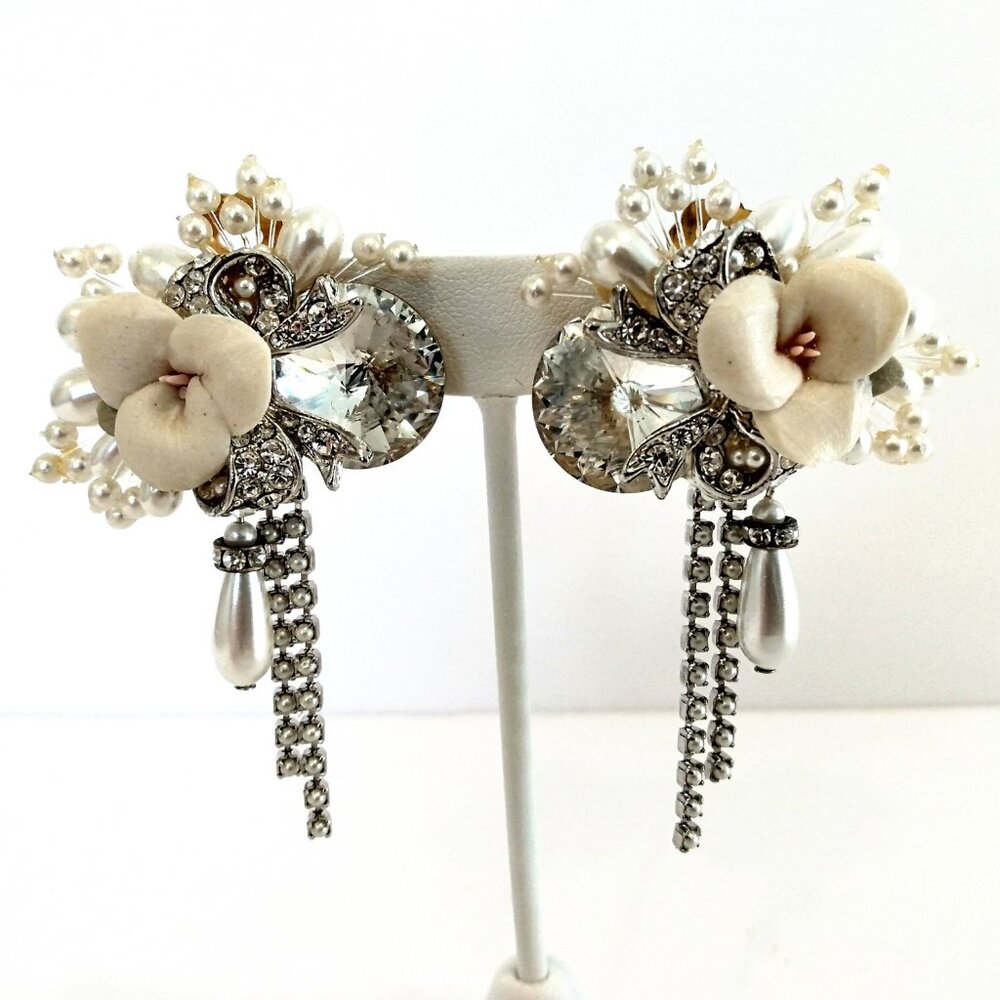 Rare Vintage Hand Beaded Earrings 1983 Porcelain Flowers Pearl Austrian Crystal